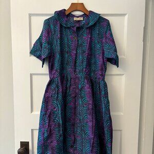 NWT Elisamama Designer Midi Shirtdress, Purple and Blue/Green, Size M